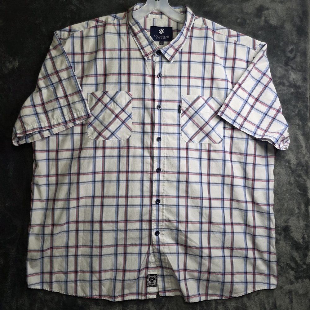 RocaWear Shirt Mens 5XB White Blue Plaid Button Front Short Sleeve Logo Pocket